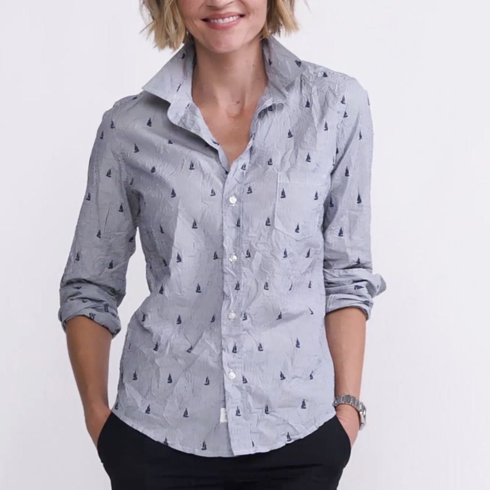 Frank and Eileen Barry Button Down Shirt Top Navy Stripe Sail Boats